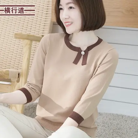 横行道圆领大码中年妈妈七分袖针织衫女2023秋装韩版宽松中袖上衣图片