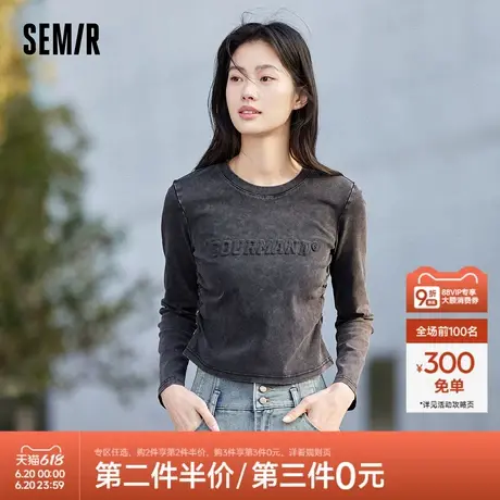 森马长袖T恤女短款做旧复古紧身2024新款春季街头字母套头衫潮酷图片