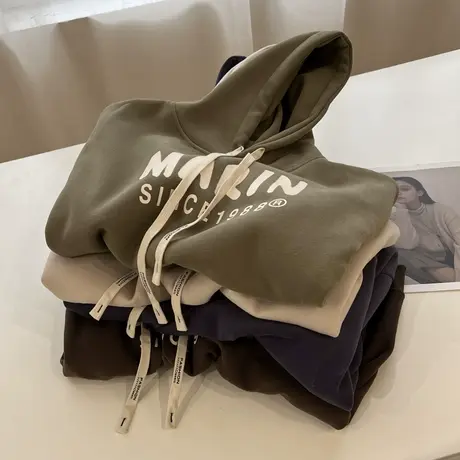 高街时髦字母印花套头连帽卫衣女加绒加厚宽松2022冬季新款外套潮商品大图