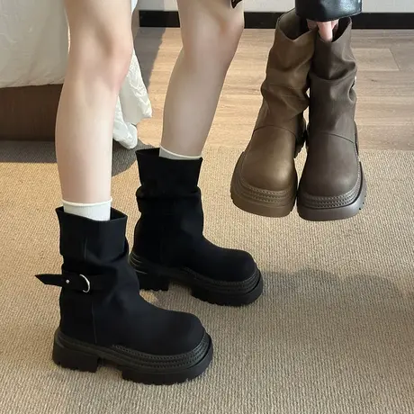 厚底气质短筒靴女2025年新款秋季时尚配裙子马丁靴气质高级骑士靴商品大图