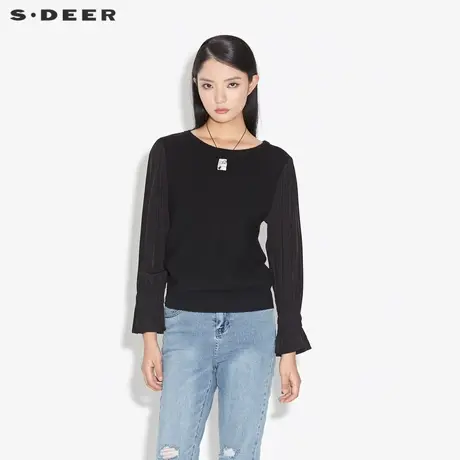 sdeer圣迪奥女装罗纹圆领抽褶拼接弹力长袖针织衫S21363504图片