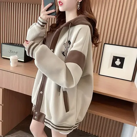 外套女2023新款秋冬季韩版宽松大码中长款加绒加厚棒球服夹克开衫商品大图