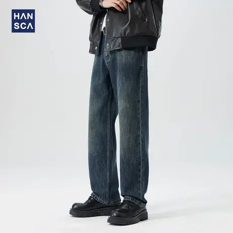 hansca复古宽松直筒牛仔裤男2024年秋季新款美式复古做旧百搭长裤商品大图