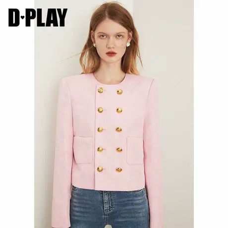 DPLAY【黑标】秋新甜美气质OL粉色粗花呢短外套小香风上衣商品大图