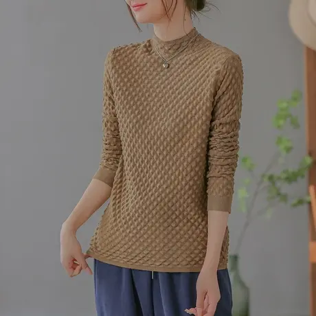 dza 复古菱格半高领毛针织衫女秋冬内搭打底衫休闲毛衣宽松上衣女商品大图