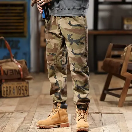 时尚百搭工装裤褪色高密人字斜纹精梳棉印花迷彩宽松潮流工装裤图片