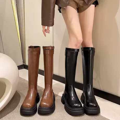英伦风长筒靴女2023春秋季新款高级气质时尚瘦瘦靴粗跟厚底骑士靴图片