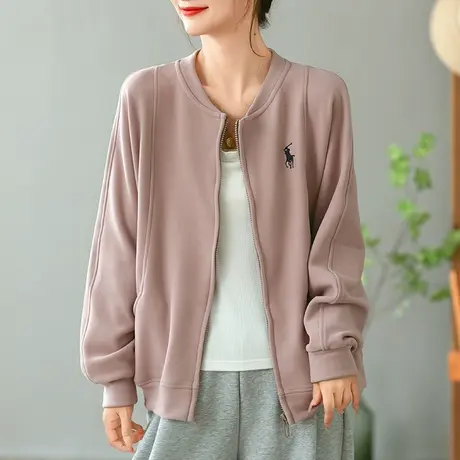 dza 复古短款休闲棒球服女士2023新款春秋宽松外套立领落肩袖上衣商品大图