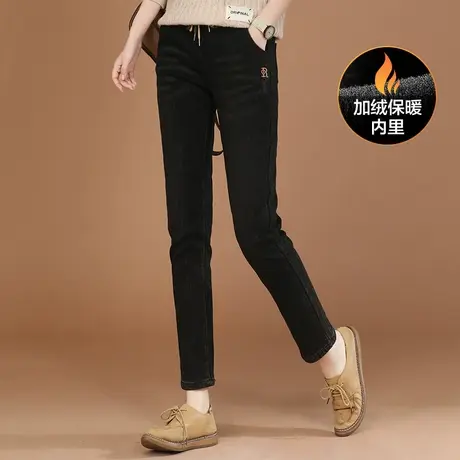 新品8.5折】复古松紧腰刺绣牛仔裤修身显瘦加绒小脚裤女图片