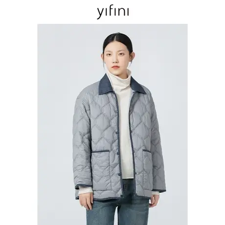 Yifini/易菲宽松翻领保暖棉服女2023秋冬新款菱格纹绗线棉衣外套商品大图
