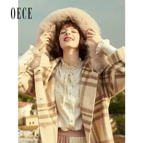 【买1送1】Oece冬新款女格纹大毛领连帽双面呢大衣中长款外套图片