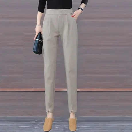 杏色哈伦毛呢裤女2023秋冬新款高腰显瘦小个子开叉休闲西装呢子裤图片