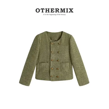 othermix秋冬新款纯色优雅小香风外套女2023夹克粗花呢长袖短外套图片