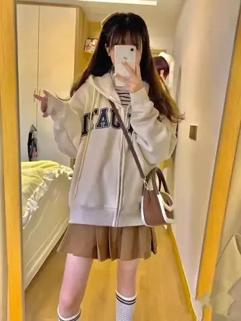 连帽卫衣女2023秋冬小个子高级感上衣韩系慵懒风加绒加厚开衫外套图片