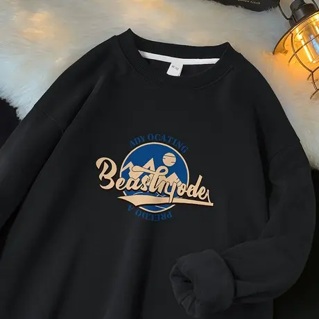 450g重磅黑色卫衣男秋冬款加绒加厚长袖t恤摇粒绒圆领无帽套头衫商品大图