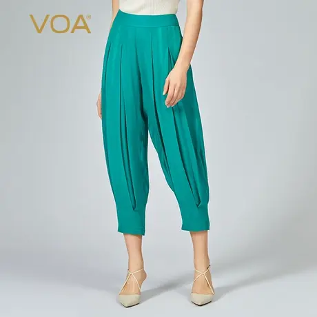 VOA乔其桑蚕丝青碧褶皱透气清爽百搭双层宽松直筒七分真丝哈伦裤图片