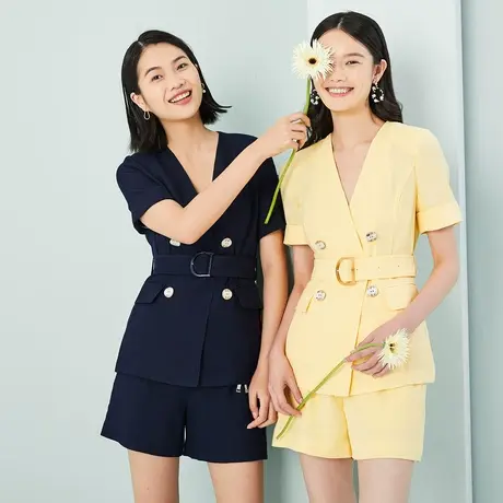 PRICH【直播专享】西装短袖V领系带双排扣时尚气质外套西服上衣女图片