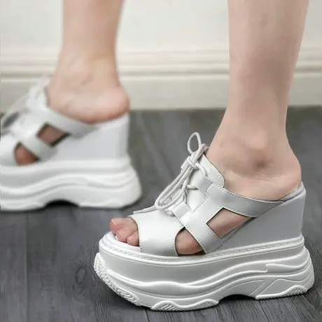 断码捡漏12CM坡跟凉鞋女夏季松糕鞋厚底高跟罗马鞋真皮外穿半拖鞋图片