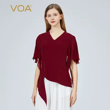 VOA45姆米重磅桑蚕丝深红色V领荷叶边短袖尖角下摆设计真丝T恤图片