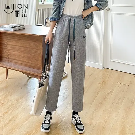 丽洁毛呢裤女冬季加厚运动裤松紧高腰哈伦裤直筒宽松九分休闲裤子商品大图