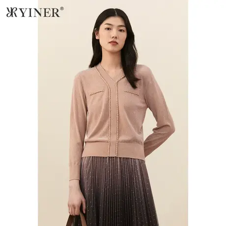 YINER音儿女装2021秋季新款V领长袖套头毛针织衫商品大图