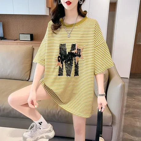 短袖t恤女夏季韩版宽松大码女装中长款下衣失踪百搭学生条纹上衣商品大图
