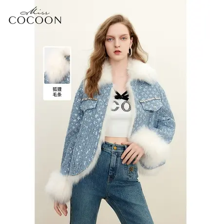 MISSCOCOON千金风狐狸毛牛仔拼接设计2023冬装新款女廓形版皮草图片