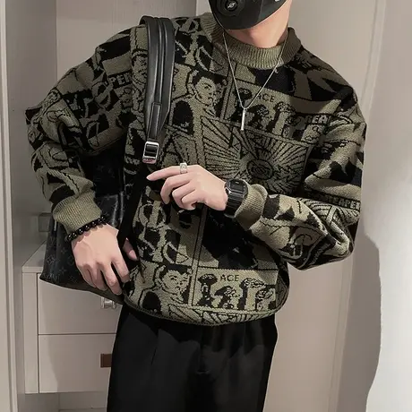 高级感花色毛衣男秋冬季潮牌打底衫长袖内搭线衣个性加厚针织衫帅商品大图