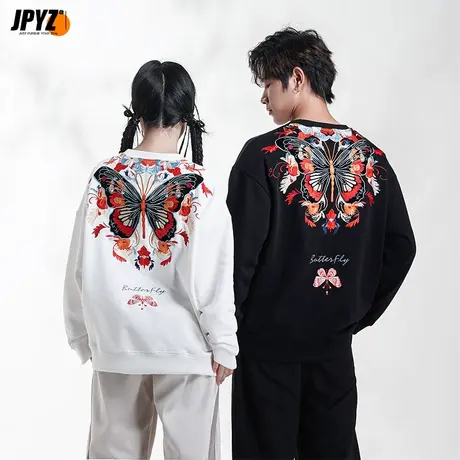 秋季中国风庄周梦蝶刺绣印花圆领长袖T恤潮流复古运动套头卫衣男图片