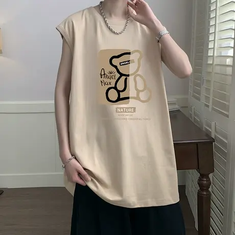 美式重磅背心男夏季纯棉无袖t恤潮牌宽松运动坎肩青少年砍袖上衣商品大图