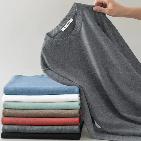 圆领毛衣男纯色针织衫秋冬保暖一体绒加厚加绒打底衫长袖内搭线衣商品大图