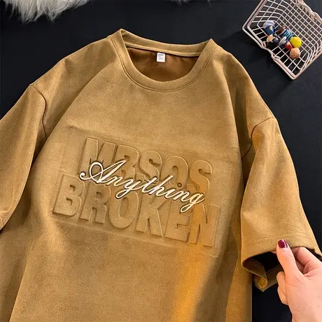 夏季男士短袖t恤钢印潮流宽松休闲半袖体恤港风复古ins潮牌打底衫商品大图