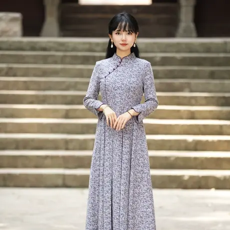 筠雅改良旗袍女新款2023连衣裙女气质修身复古时尚中式碎花裙子商品大图