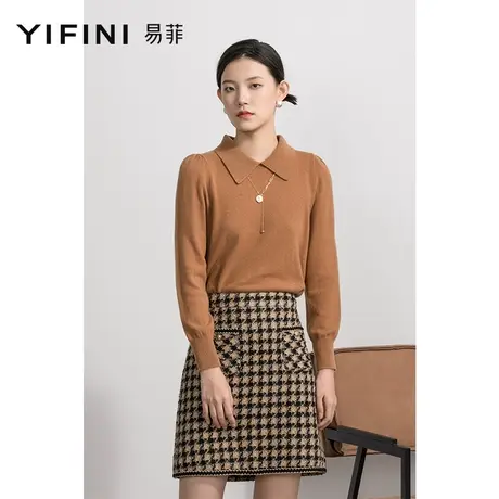 Yifini/易菲春秋新款早秋上衣女毛衣polo领100%羊毛针织衫女图片