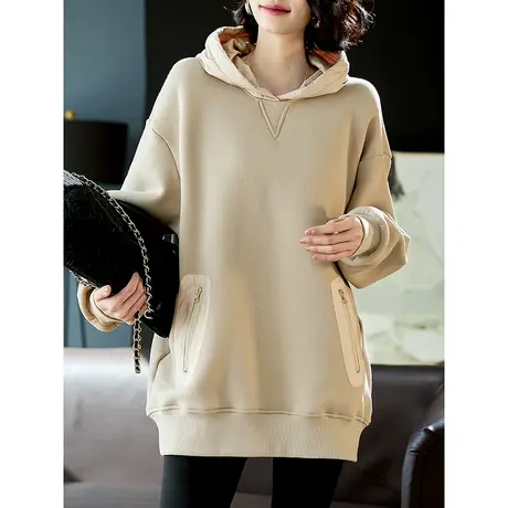 宝诗黎拼接连帽套头落肩上衣女早春长袖2024新款宽松加绒口袋卫衣商品大图