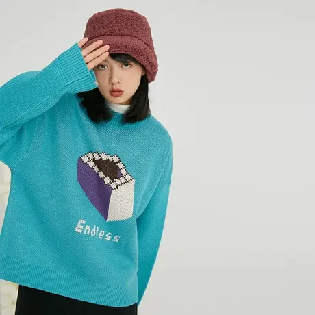 omont蛋挞家 复古阶梯图案提花圆领毛衣设计感女小众针织衫秋冬商品大图