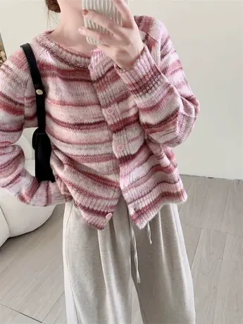 日系圆领条纹毛衣开衫女2023年新款早秋宽松外穿显瘦软糯针织外套商品大图