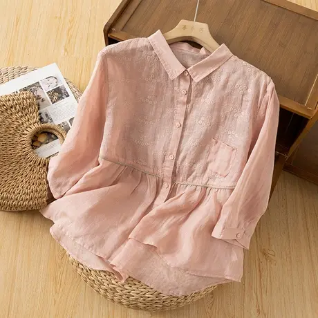 享永子七分袖苎麻衬衫女文艺复古娃娃衫棉麻上衣气质宽松2024新款商品大图