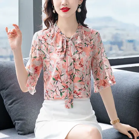 碎花雪纺衫女夏装2023新款V领短袖喇叭袖时尚减龄百搭洋气女上衣图片