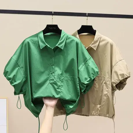 抽绳衬衫女2023年夏季新款休闲韩版宽松设计感小众灯笼袖短款上衣商品大图
