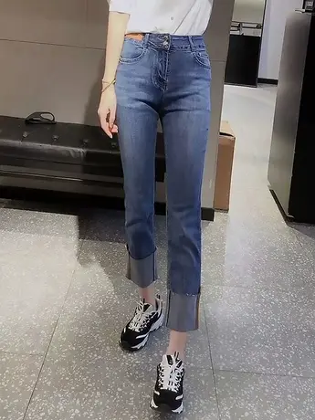 高腰牛仔裤女显高显瘦九分翻边直筒烟管裤小个子设计感弹力裤子潮图片