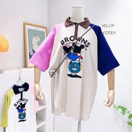 欧洲站中长款微胖显瘦连衣裙夏季拼色polo领短袖T恤宽松拼色韩版图片