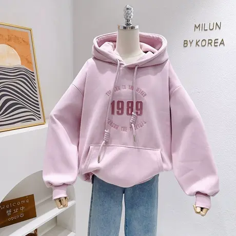 秋冬款粉色卫衣~韩国东大门复古字母连帽上衣加绒外套大版欧货潮图片