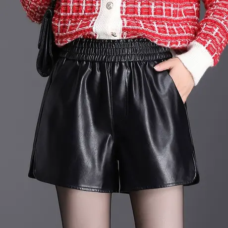 黑色皮裤阔腿裤女春秋2023新款松紧腰外穿时尚皮短裤百搭休闲靴裤商品大图