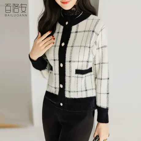 百洛安黑白格小香风针织外套女冬装新款气质圆领长袖加厚毛衣外搭商品大图