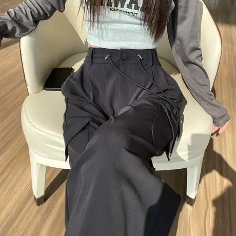 美式工装裤女秋冬新款高腰显瘦宽松直筒垂感阔腿工装休闲长裤子潮商品大图