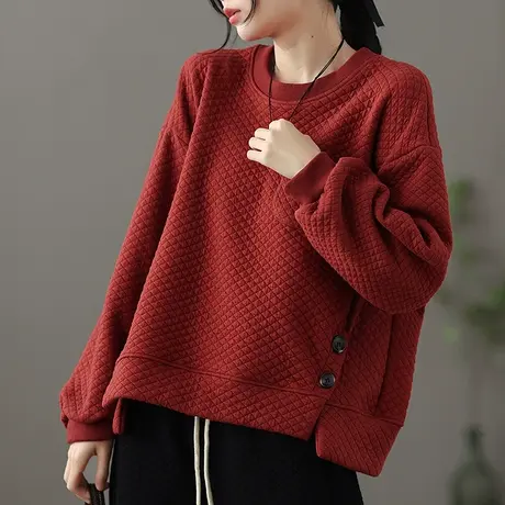 dza 圆领套头加绒红色华夫格卫衣女士冬短款外套加厚休闲长袖上衣图片