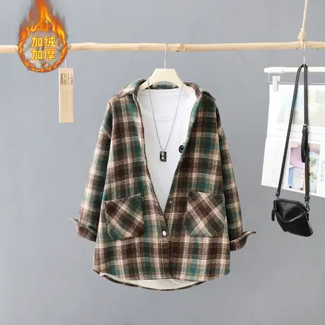 加绒加厚格子衬衫外套女士中长款宽松大码休闲冬季保暖毛绒衬衣女商品大图