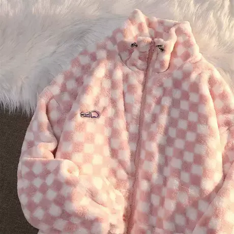 羊羔毛外套女2021秋冬小个子宽松韩版ins上衣加绒加厚开衫棒球服商品大图