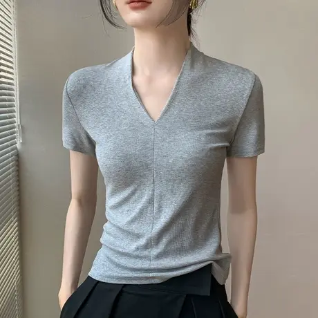 V领T恤女纯色夏季正肩简约百搭甜辣小个子显瘦外穿设计感修身上衣图片